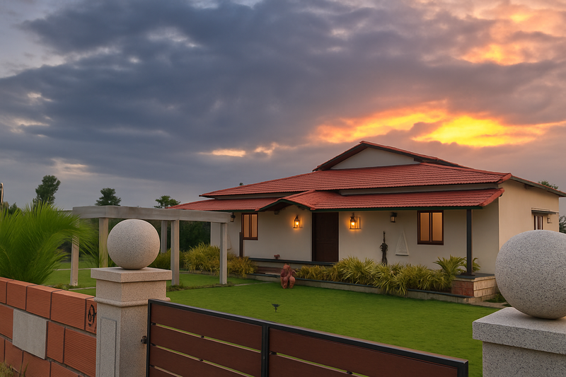 Premium farmhouse at sunset managed by Koha Consultants